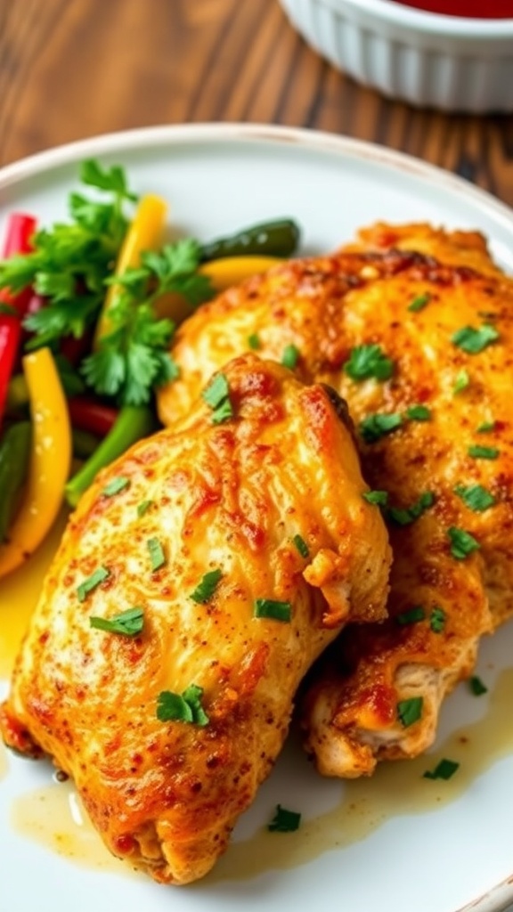 Crispy air fryer chicken thighs garnished with herbs, with a side of mixed vegetables on a rustic table.